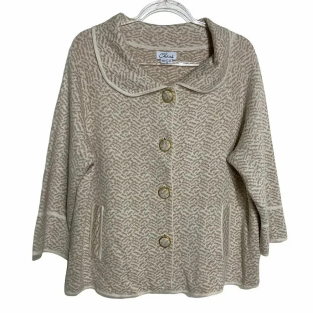 Chaus 1X metallic gold + white print knit sweater‎ blazer/jacket